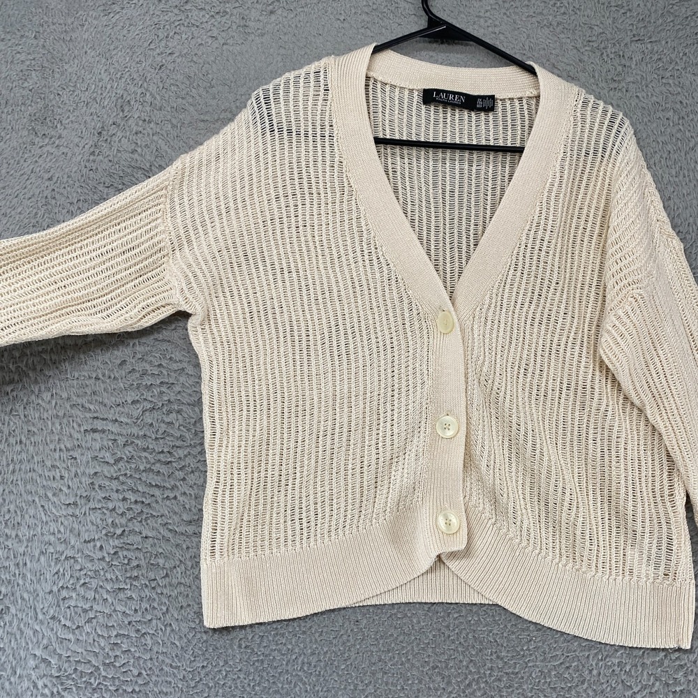 Lauren Ralph Lauren Cardigan Sweater Womens 2X Crochet Open Knit V Neck Cropped - Picture 4 of 13